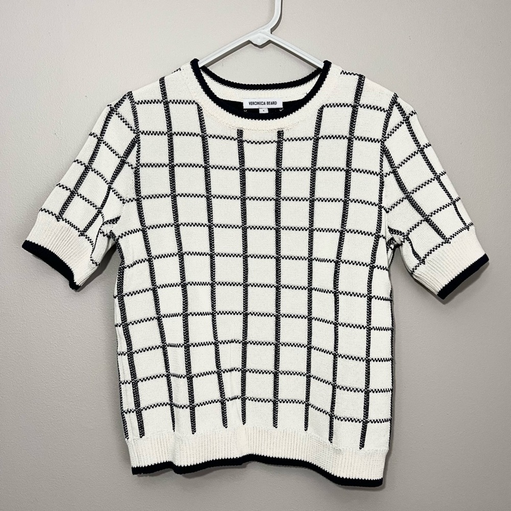 Veronica Beard Windowpane Check Cotton Knit Sweater – Navy Cream Short Sleeve S